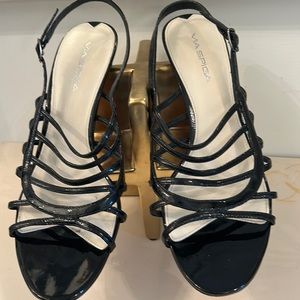 VIA SPIGA SZ 9 1/2 Women Black Patent Leather Strappy Sling Back Stiletto Heel